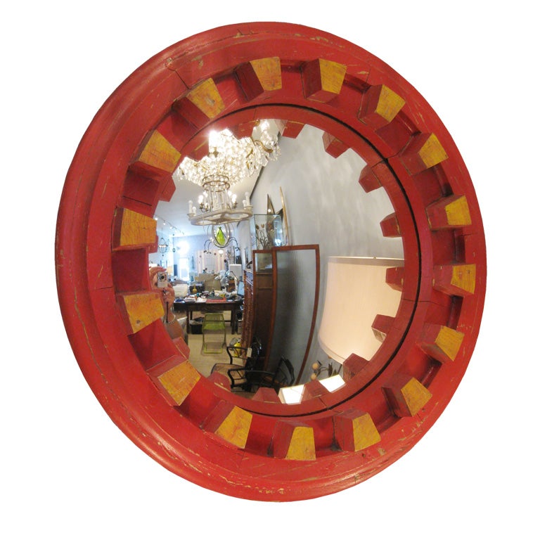 Convex Mirror in Wooden Painted Gear For Sale