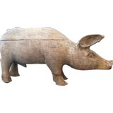 Large 1930s American Folk Art Hand Carved Wooden Pig