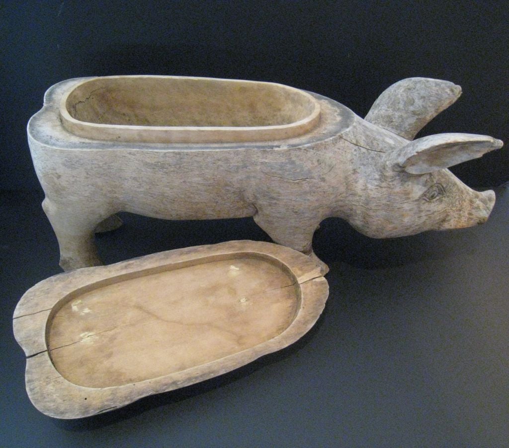 Large 1930s American Folk Art Hand Carved Wooden Pig. Lid Opens on Top for Storage.