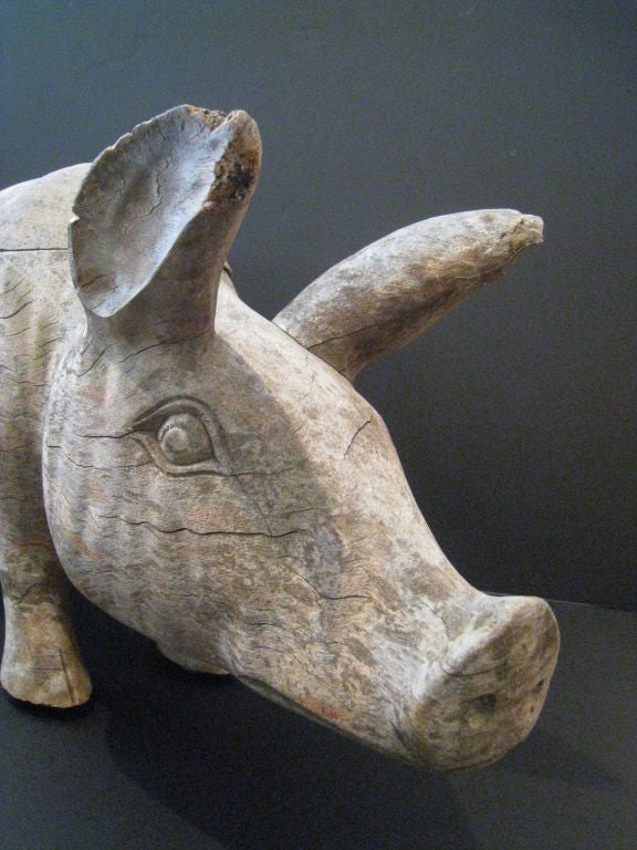 Mid-20th Century Large 1930s American Folk Art Hand Carved Wooden Pig
