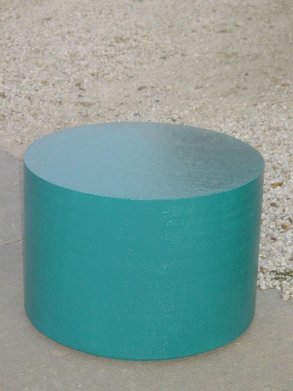 Steve Chase Design minimalist drum side table with recessed plinth base.  Freshly re lacquered in vibrant turquoise.