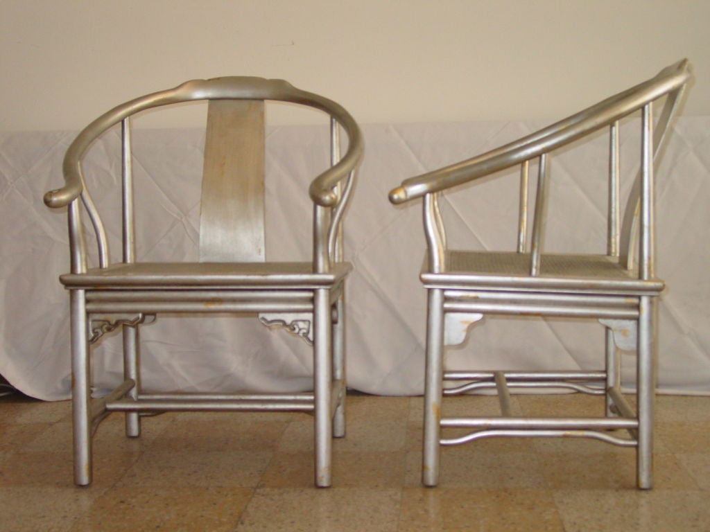 Cane Pair of Silver Leaf Asian Chairs