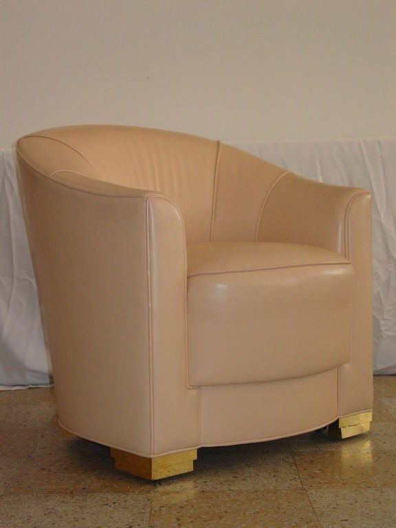 Art Deco inspired club chairs from the Rancho Santa Fe residence of Joan Kroc, owner of McDonald's.  Beautiful quality, covered in very fine leather. Steve Chase did this house in the late seventies, along with Mrs. Kroc's Thunderbird Cove house in