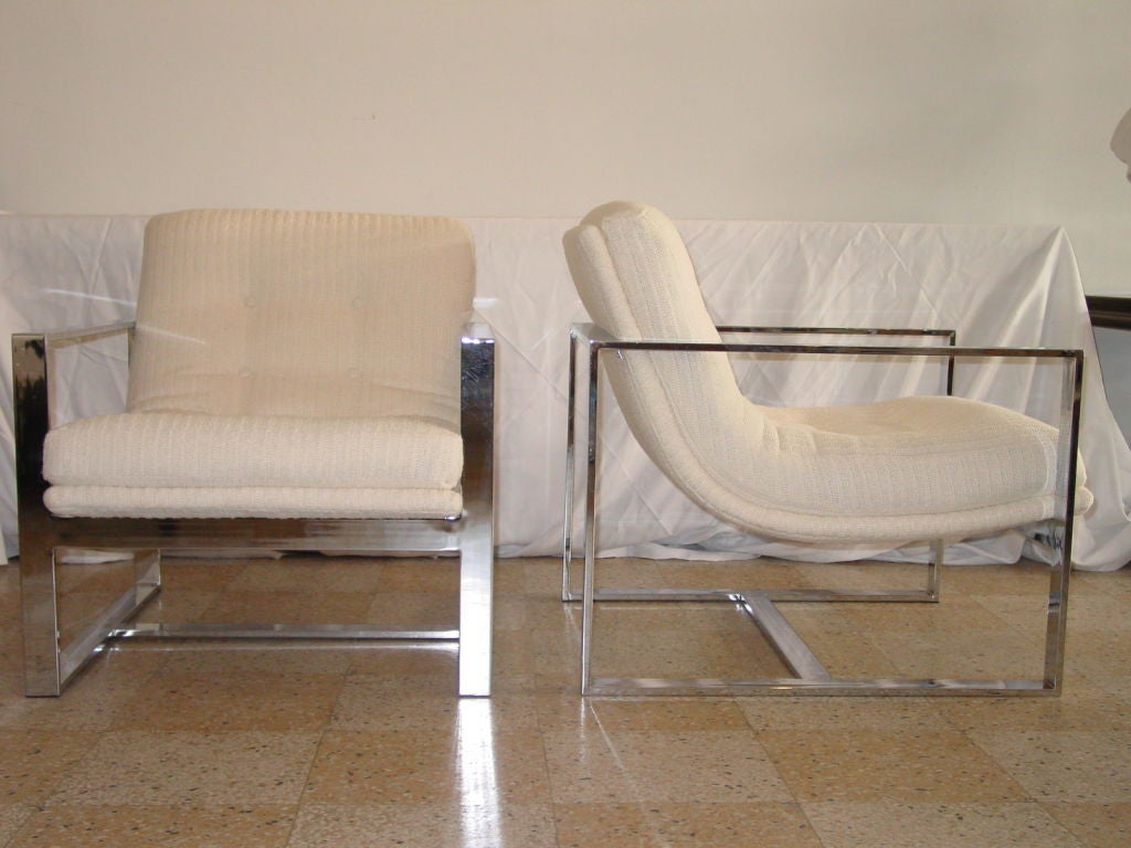These are the nicest Baughman chairs we have carried.  Newly upholstered in period appropriate off-white nubby chenille.  Chrome is gleaming.  The scoop design of the one piece seat and back makes these among the most comfortable of all Baughman's