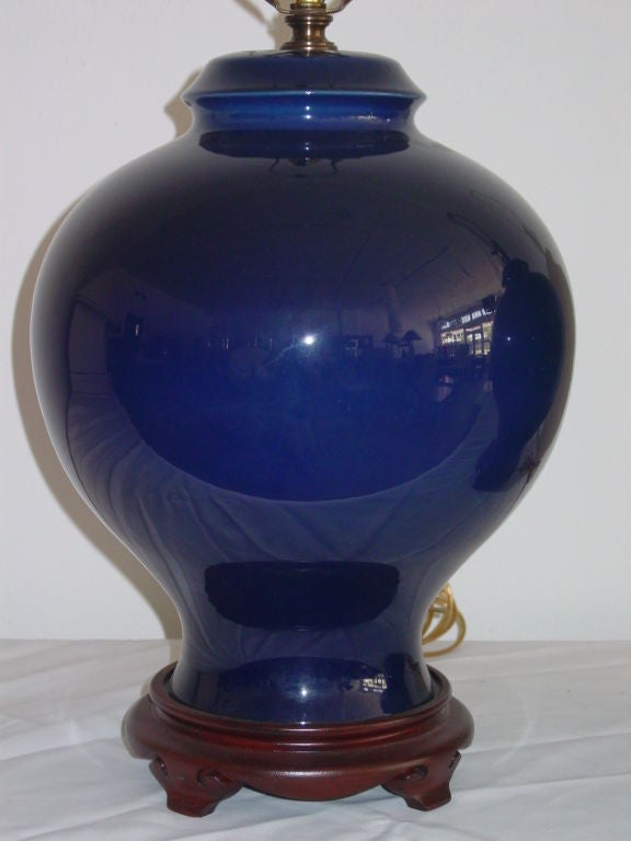 American Pair of Cobalt Blue Ginger Jar Lamps