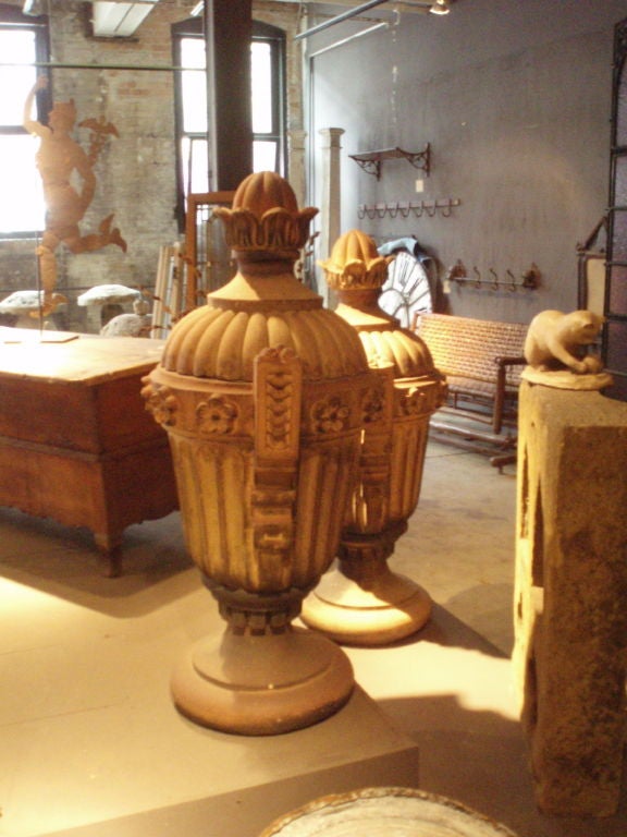 Pair of very large 19th century Italian lidded terracotta urns