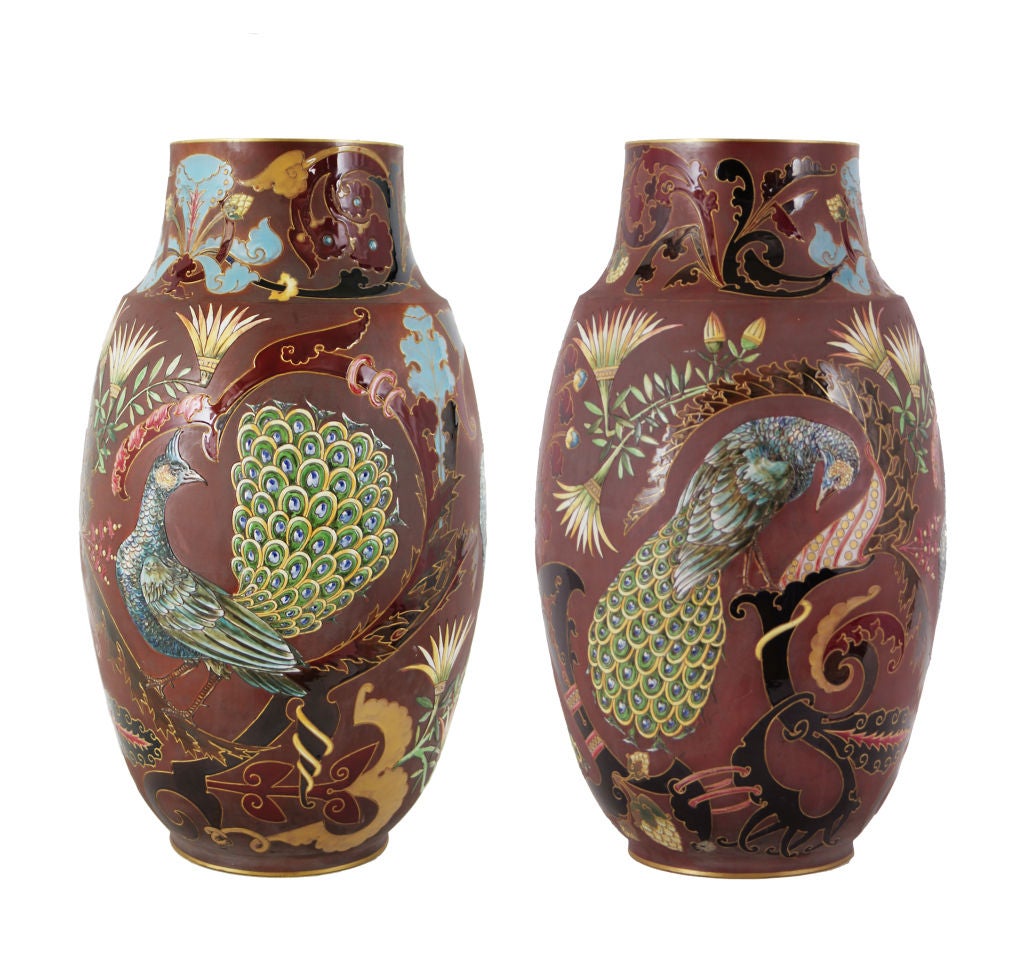 A Large Pair of Sarreguemines "Emaux" Vases For Sale