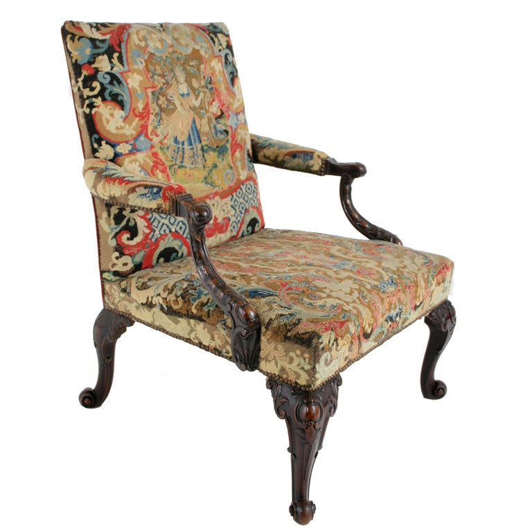 George III Mahogany Gainsborough Chair with Needlework Upholstery For Sale