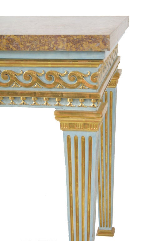 Powder  Blue Painted & Parcel Gilt Marble Topped Console.