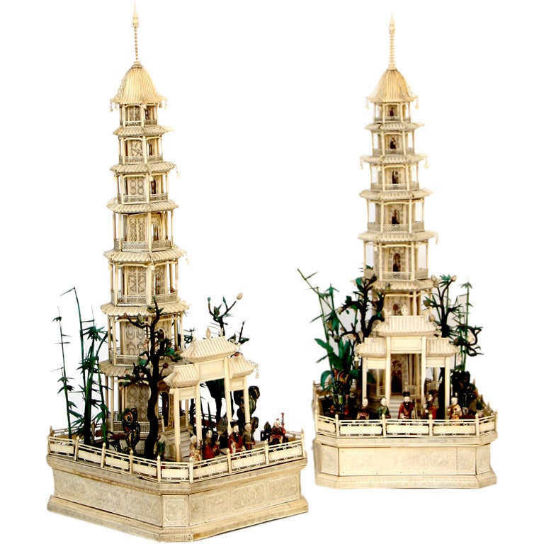 Pair of Carved Ivory Pagodas For Sale