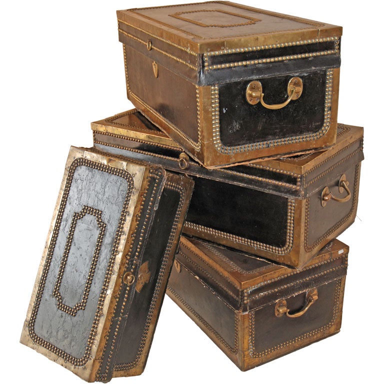 set of leather bound trunks For Sale