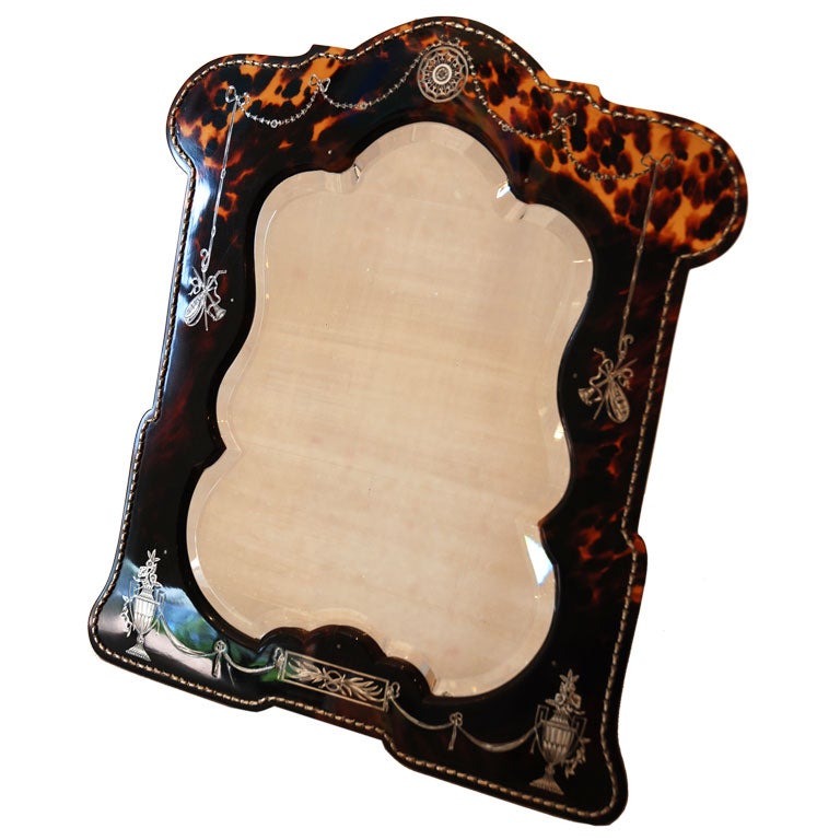 tortoiseshell and silver pique mirror For Sale