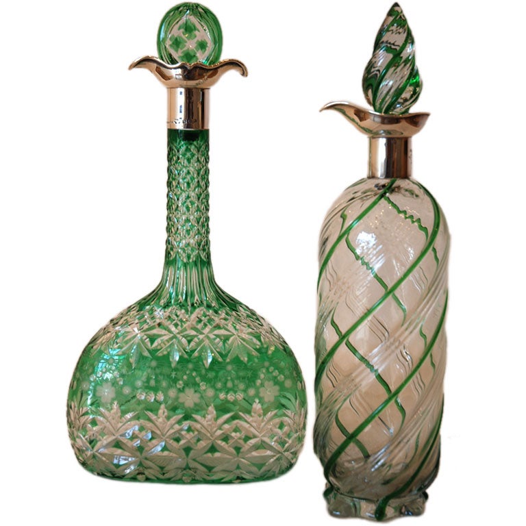 silver mounted green decanters For Sale