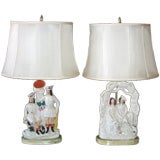 Antique Pair of Staffordshire Lamps with Silk Shades