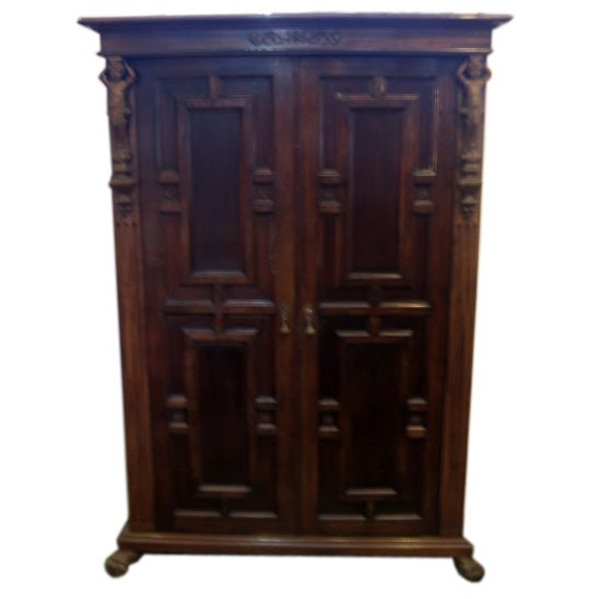 Wooden Walnut Wardrobe Armadio with Bronze Cherub Mounts For Sale