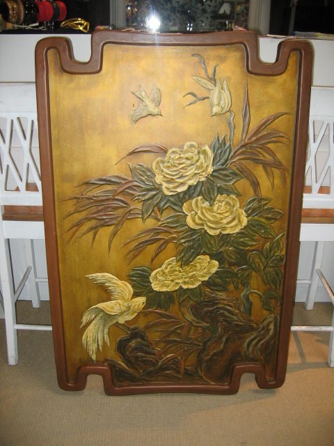 Beautiful painting with carved details of yellow flowers and birds. Oriental inspired carved and painted frame.