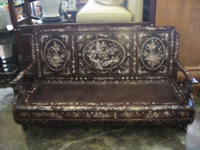 Wooden, Chinese Bench with ornate Mother-Of-Pearl Inlay.