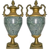Pair of Marble Urns with Dore Bronze Stands and Handles