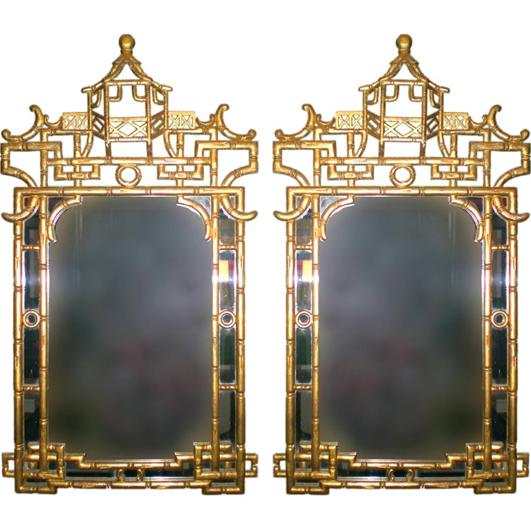 Pair of 1960's Gilded Chinese Chippendale Style Carved Mirrors