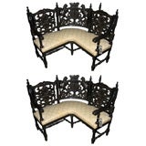 Antique Pair of 19th c. Carved Corner Benches with Heraldic Carving