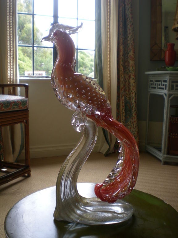Pair of Coral Colored Murano Glass Birds