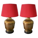 Retro Pair of Bohemian Brass Indian Vase Lamps