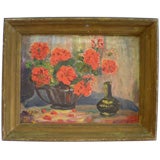 1955 Oil Painting of Geraniums Signed Ethyl Loud