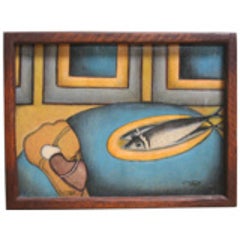 1921, Original Oil Painting by Saarty "Two Fish on Plate" 3