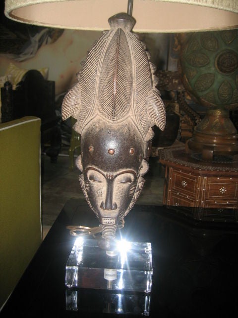 Pair of Baule Dance Masks Made into Lamps with Custom Shades In Excellent Condition In Dallas, TX