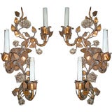 Pair of Vintage Gilded Metal and Painted Rose Sconces