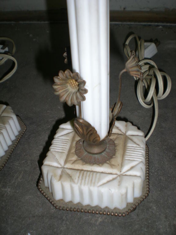 Pair of Vintage Fluted Marble Vanity Lamps with Metal Flowers