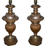 Pair of Carved Wood, Silver and Gold Finish Italian Style Lamps