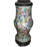 19th c. Famille Rose Vase Lamp with Carved Wood Base and Cap
