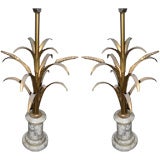 Pair of  Gilt Metal  Wheat Sheaf Lamps with Marble Bases