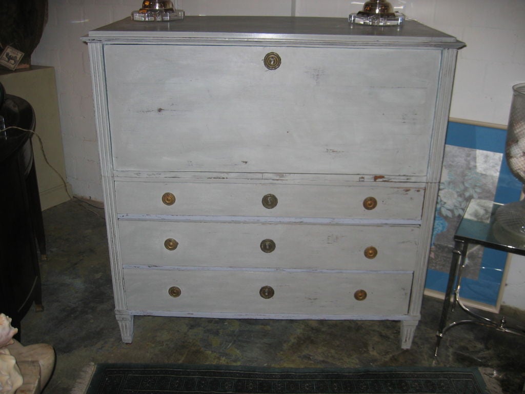 18th c. Gustavian Swedish Desk with Distressed Paint Finish. Lockable Drop-front Desk with three drawers below.