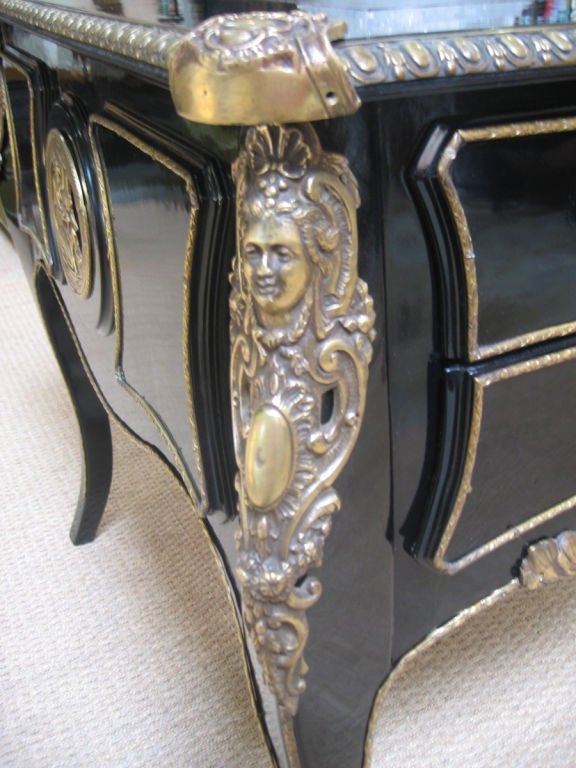 1920's Black Lacquered French Desk with Ormalu Detailing For Sale at