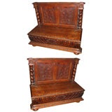 Pair of 19th c. French Carved Settles w/ Barley Twist Columns