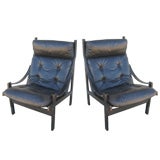 Pair of 1960's Vintage Moderne Black Leather Sling Chairs