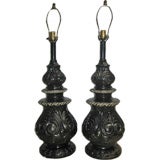 Pair of 1960's Ceramic Lamps with Faux Wood Grain Details