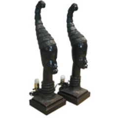 Pair of 1940's Hand Carved Nubian Lamps 1