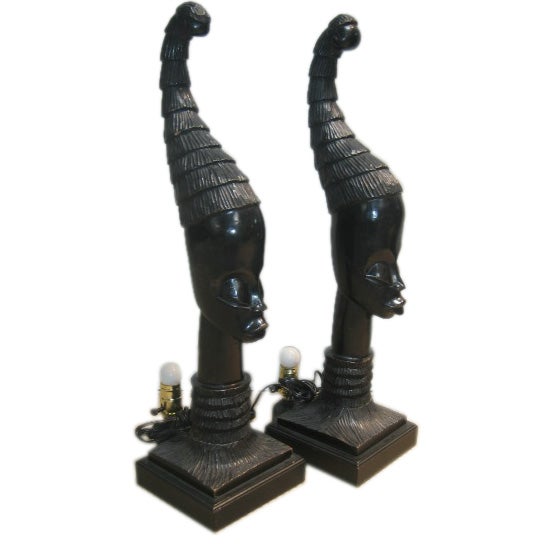 Pair of 1940's Hand Carved Nubian Lamps