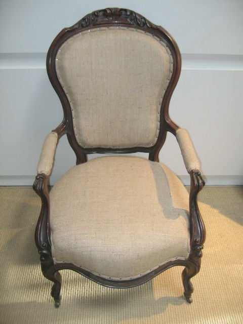 Pair of 19th c. American Rosewood Parlor Chairs in Burlap Fabric