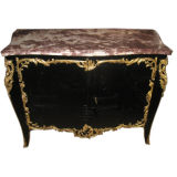 Antique French Black Lacquered Chinoiserie Marble Top Commode
