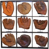 Grid of Early Baseball Mitts in Contemporary Frame