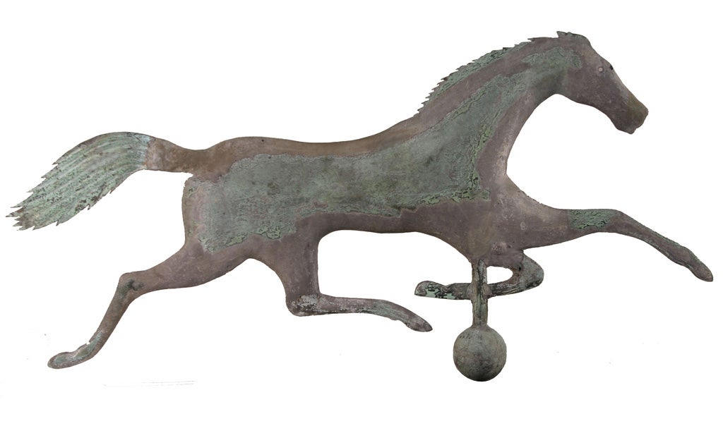 Very early running horse weathervane with delicate presence and animated form manufactured by A.L. Jewell, Waltham, Massachusetts