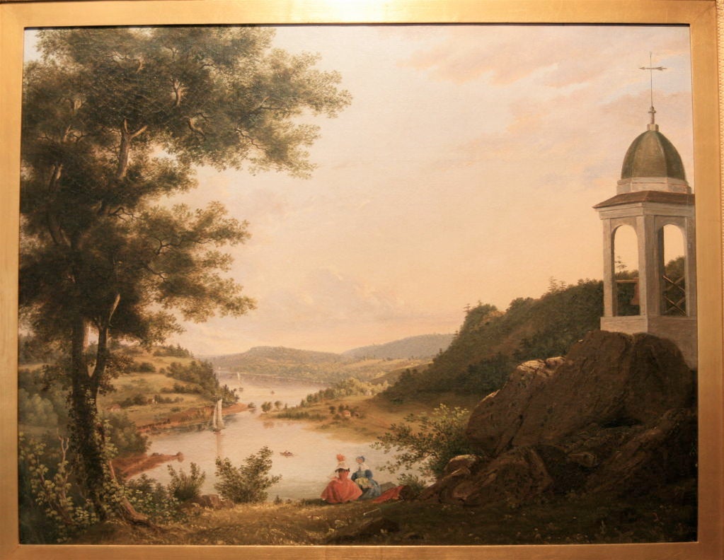 This is a gorgeous oil painting is attributed to Victor De Grailly (1804 - 1889). It depicts a Hudson River landscape scene including women having a picnic,  several boats, a train, and several buildings. It is in an appropriate gilded wooden frame.