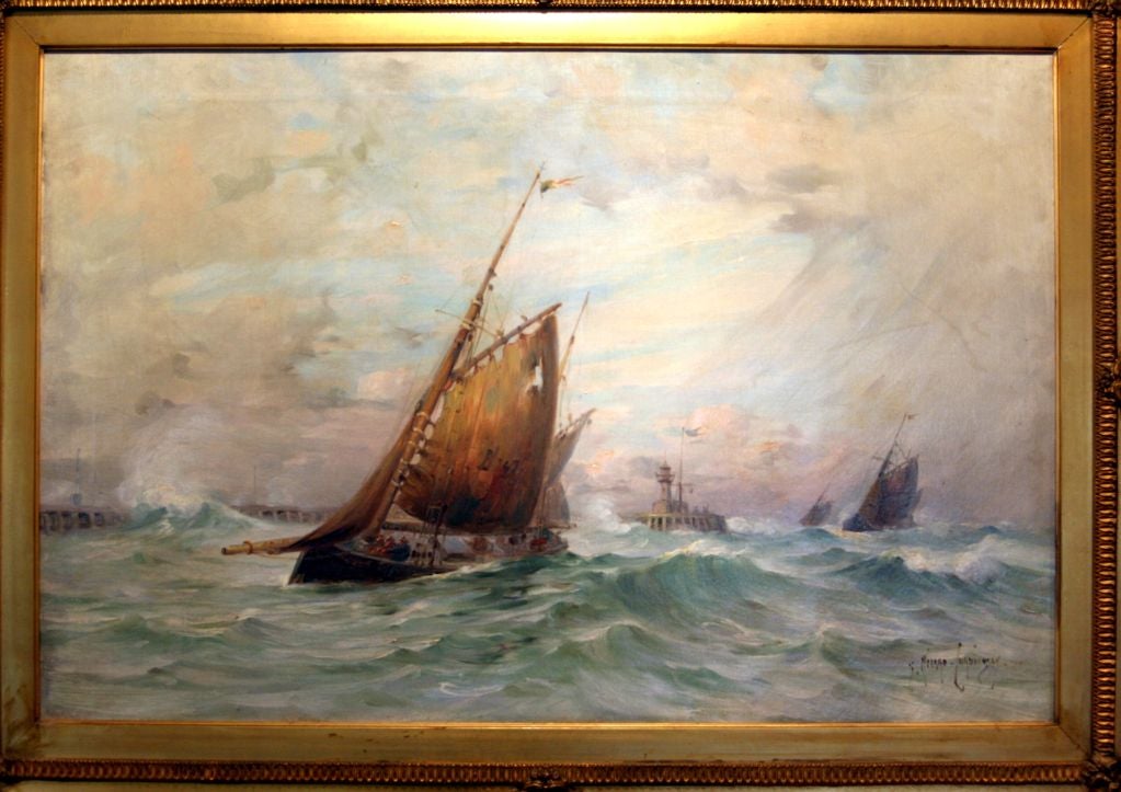 Il s'agit d'une magnifique peinture à l'huile représentant des bateaux en mer, réalisée par le célèbre écrivain et peintre maritime Georges Ricard-Cordingley (1873 - 1939). Cette peinture est de l'huile sur toile, et est signée dans le coin