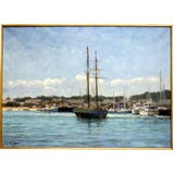 Vintage Frits Johan Goosen Oil Painting of Boats in a Harbor, Dutch