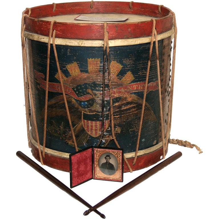 Civil War Field Drum with Photo of Drummer & Period Drum Sticks