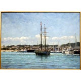 Vintage Oil Painting of Boats in Nantucket by Fritz Johan Goosen, Dutch
